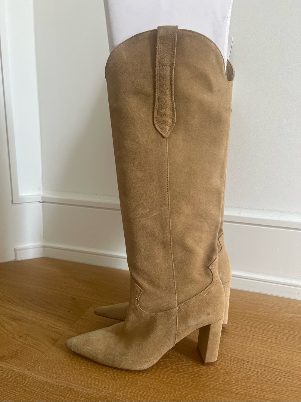 Zara Tan Suede Knee-High Pointed-Toe Block Heel Boots